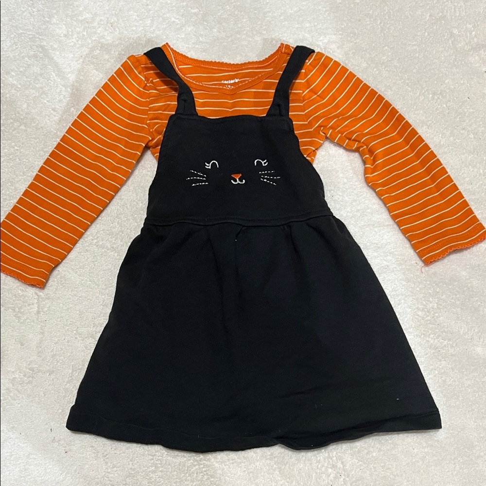 Carters Halloween Themed Orange Striped Top with Black Cat Pinafore Dress